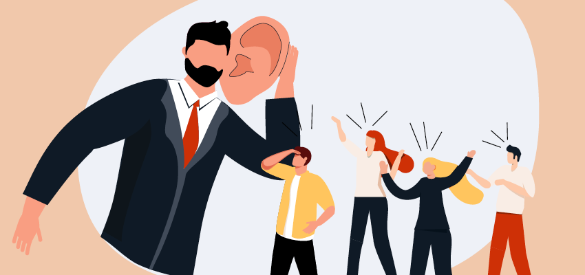 An illustration of a man with an oversized ear trying to hear people shouting at him