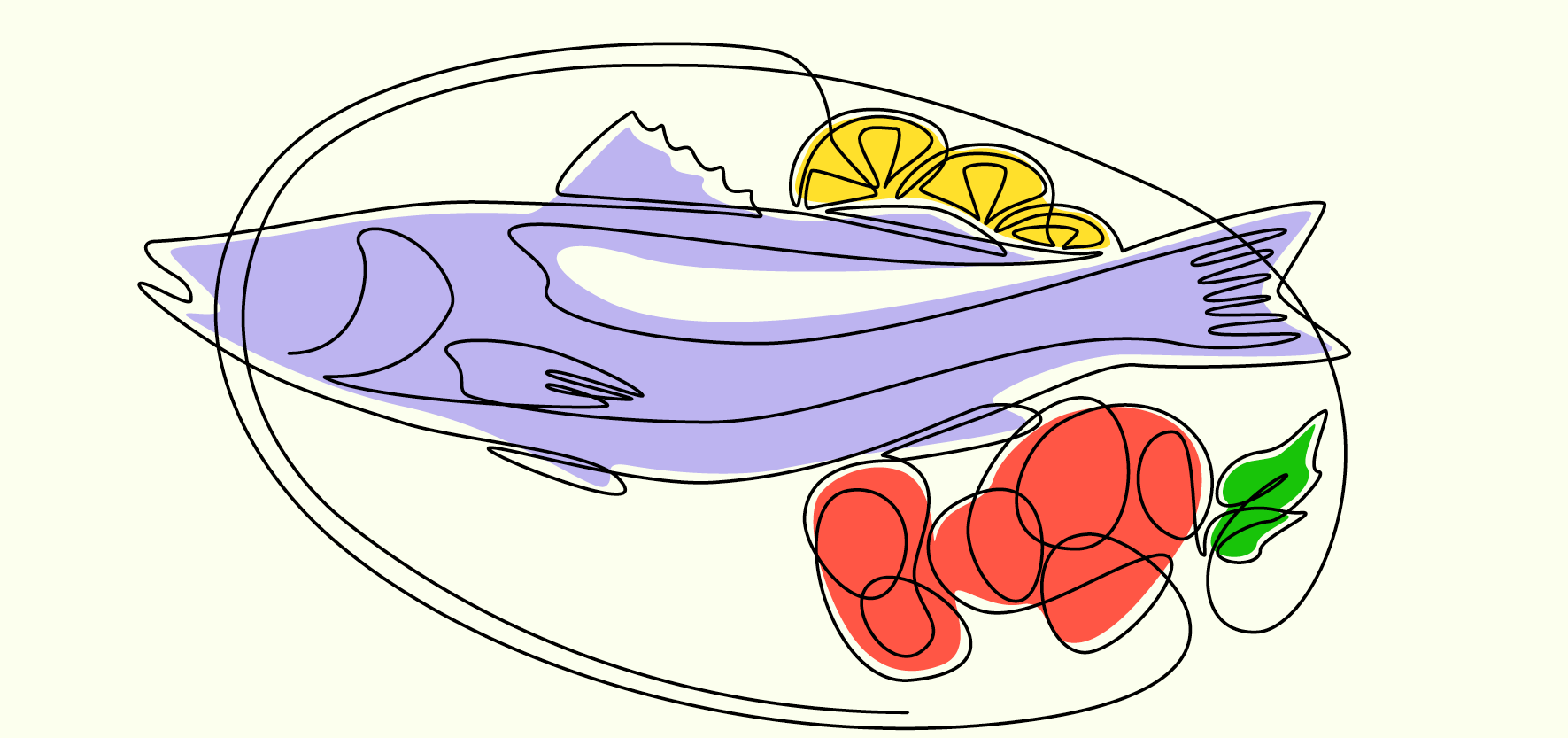 An illustration of a platter with a whole fish and some other food